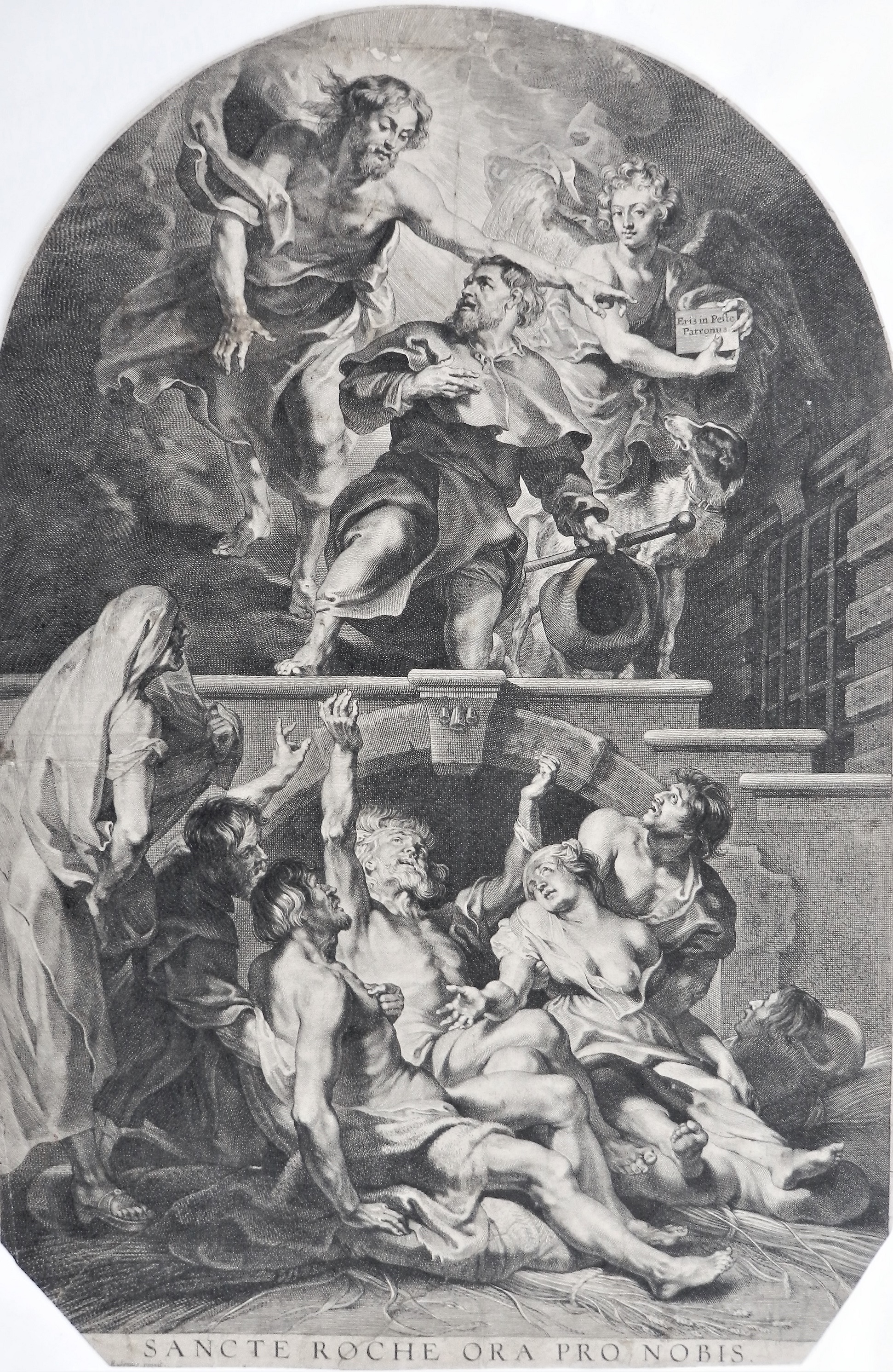 Paulus Pontius (Stecher) nach Peter Paul Rubens, Christus bestimmt den hl. Rochus zum Patron der Pestkranken (1623-26), 1626, Kupferstich, Zisterzienserabtei Stift Stams, Kunstsammlung, Inv.-Nr. 5018. Foto Dr. Helmuth Oehler, Innsbruck.